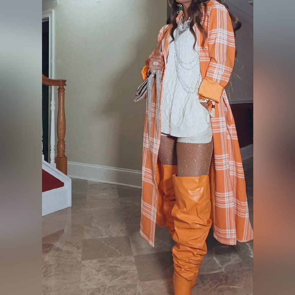 Stasia Sherberry: Orange Plaid All Season Duster Trench Coat L XL - Picture 15 of 16